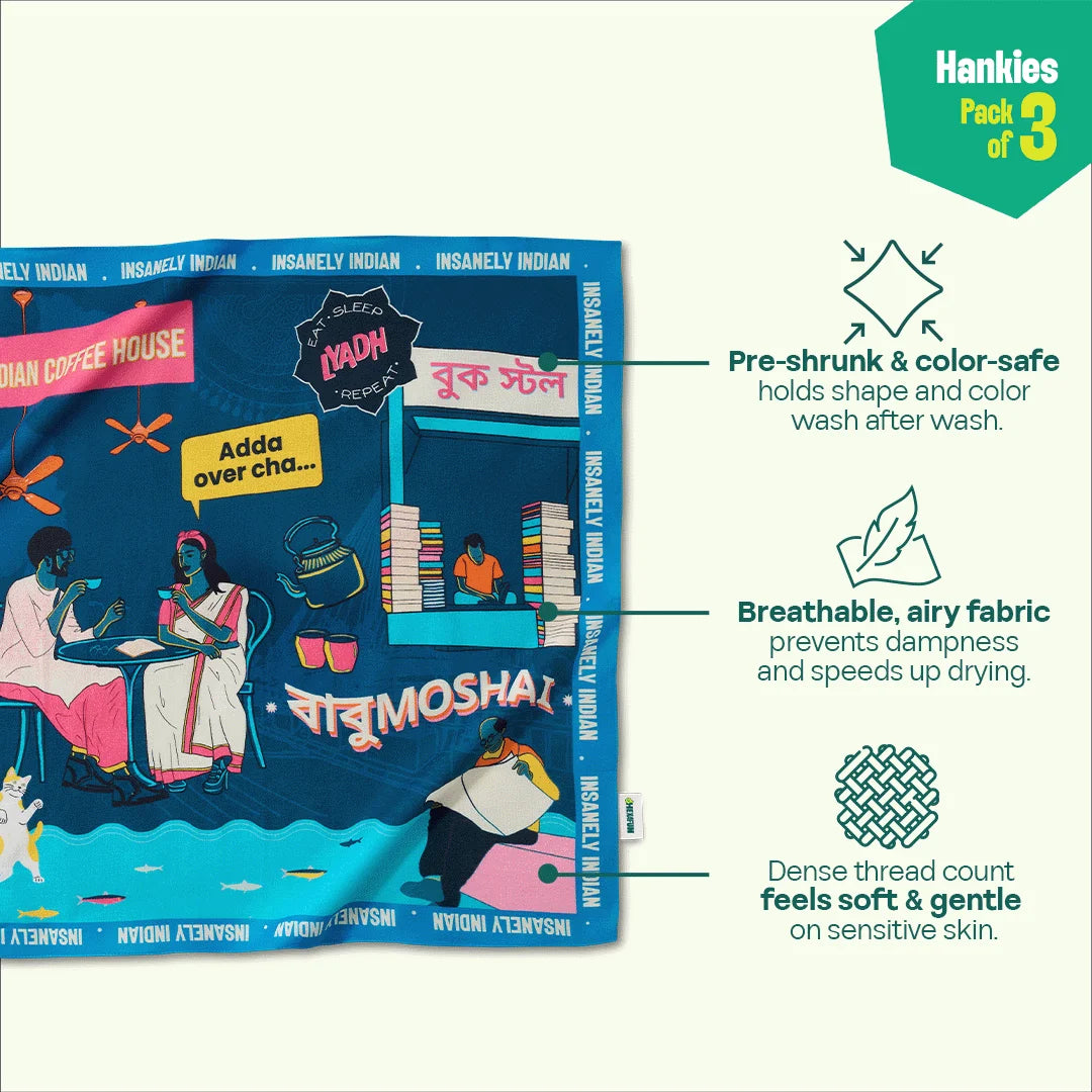 Uri Baba! Unisex Hankies, 100% Organic Cotton, Pack of 3