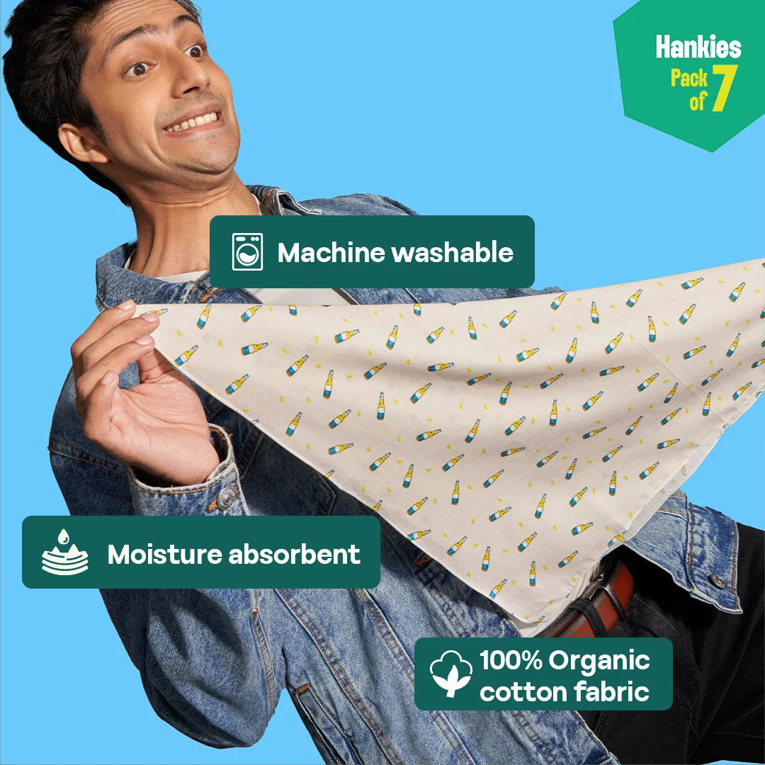 Happy Hour! Large Unisex Hankies, 100% Organic Cotton, Pack of 7