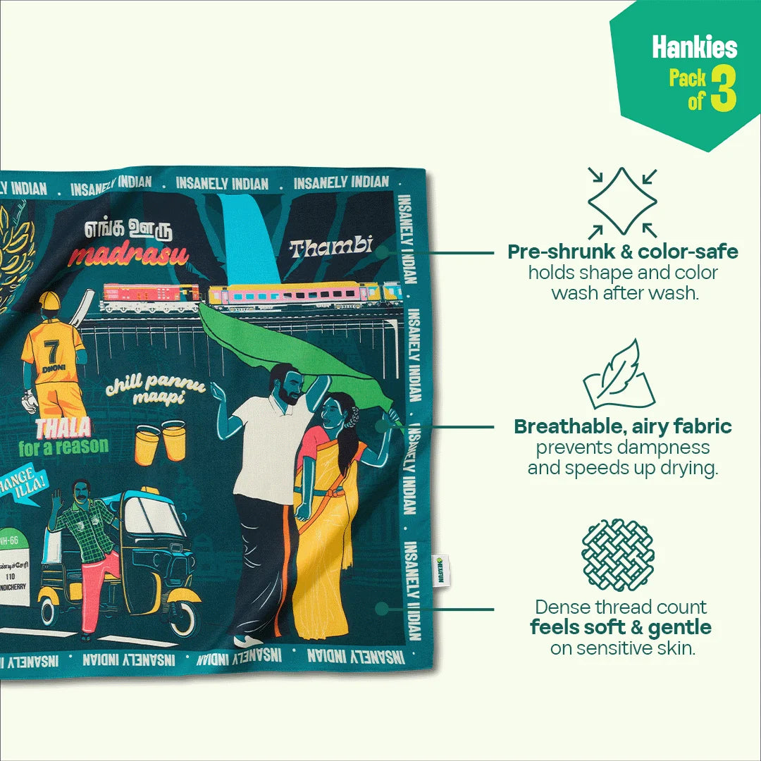 Insanely Tamil Swag! Unisex Hankies, 100% Organic Cotton, Pack of 3