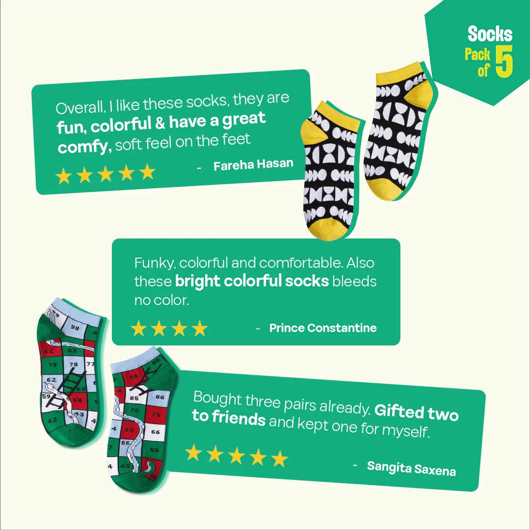 Power Up! Unisex Socks, 100% Bamboo, Ankle Length, Pack of 5