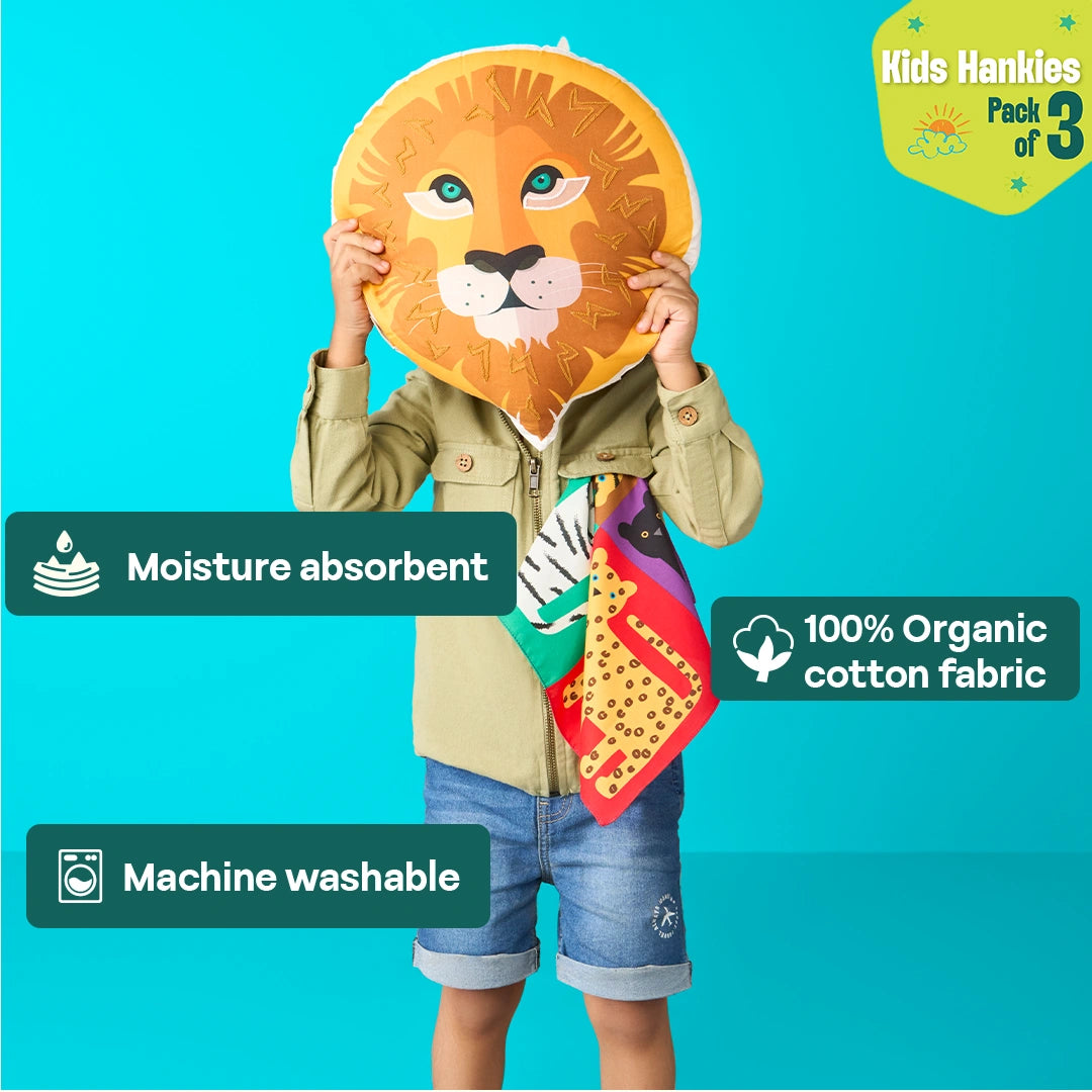 Jungle Safari! Unisex Kid's Hankies, 100% Organic Cotton, Pack of 3