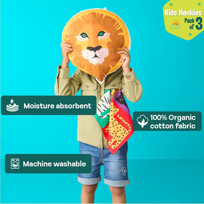 Jungle Safari! Unisex Kid's Hankies, 100% Organic Cotton, Pack of 3