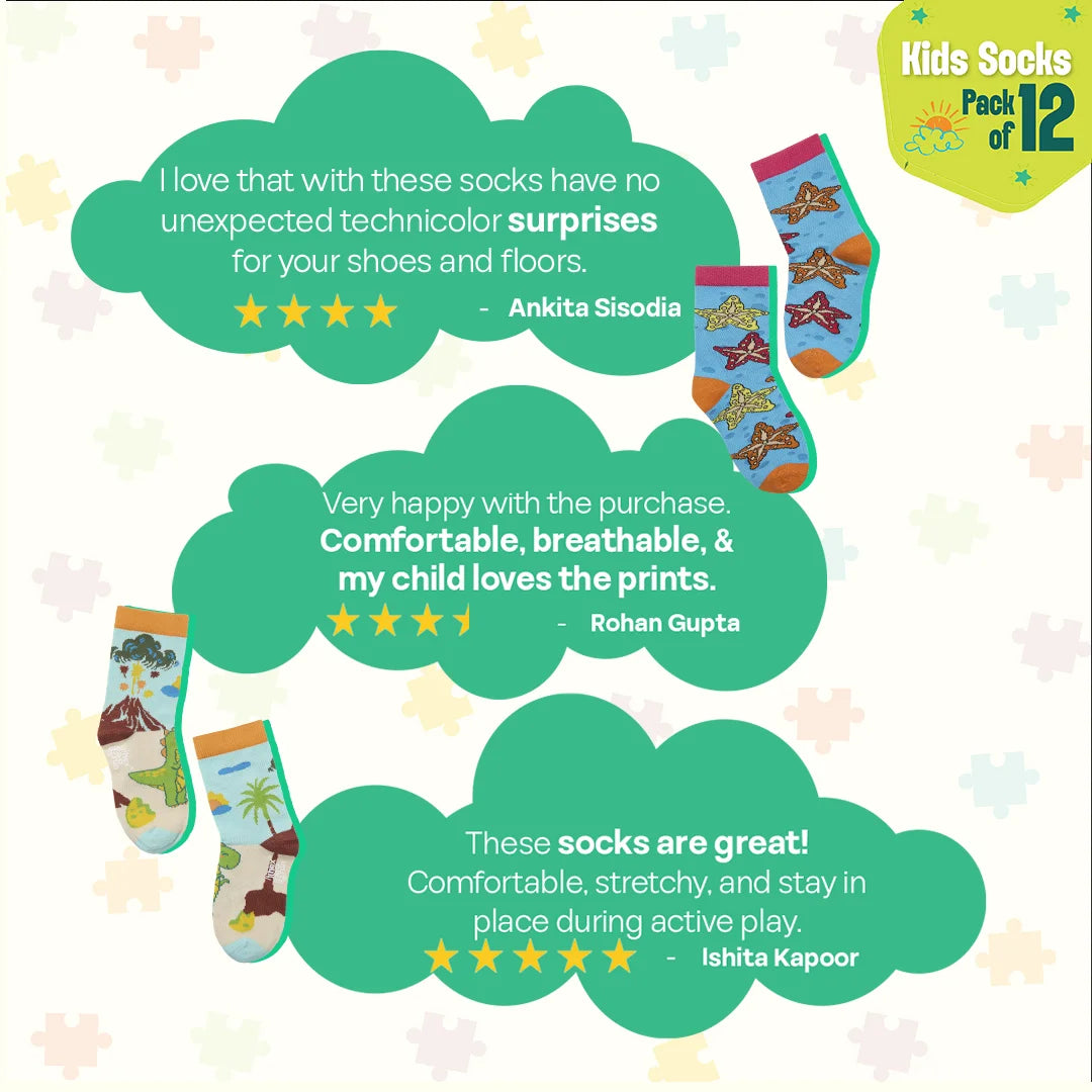 Twinkle Toes! Unisex Kid's Socks, 100% Bamboo, Crew Length, Pack of 12