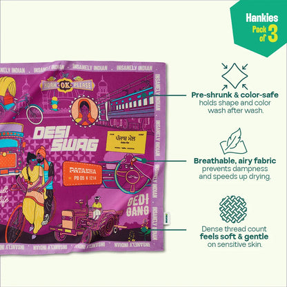 Patiala Peg! Unisex Hankies, 100% Organic Cotton, Pack of 3