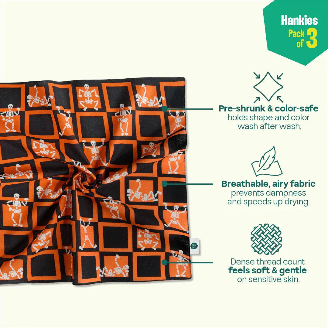 Trick Or Treat! Unisex Hankies, 100% Organic Cotton, Pack of 3