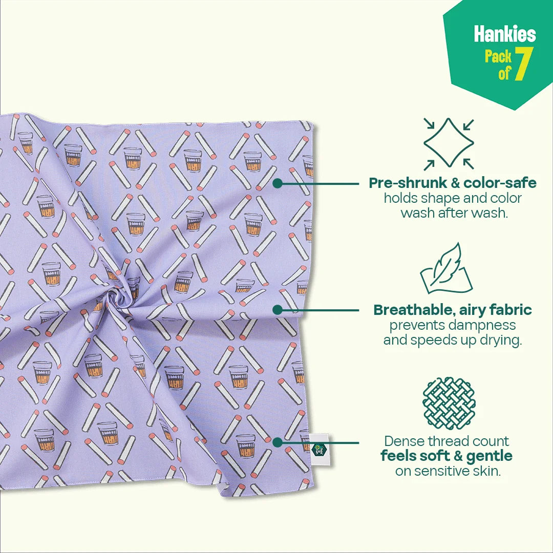 Happy Hour! Unisex Hankies, 100% Organic Cotton, Pack of 7