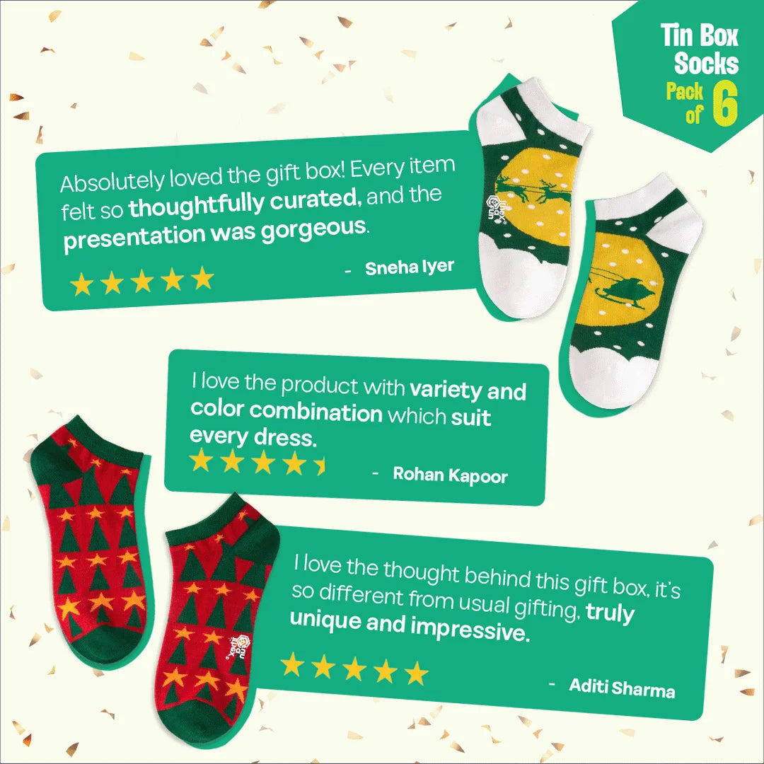 Season Splash! Tin Gift Box, Unisex Ankle Length Socks, 100% Organic Cotton, Box of 6