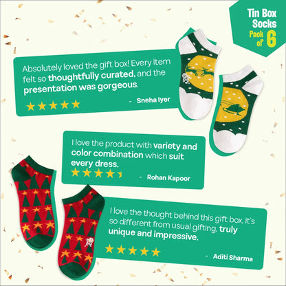 Season Splash! Tin Gift Box, Unisex Ankle Length Socks, 100% Organic Cotton, Box of 6