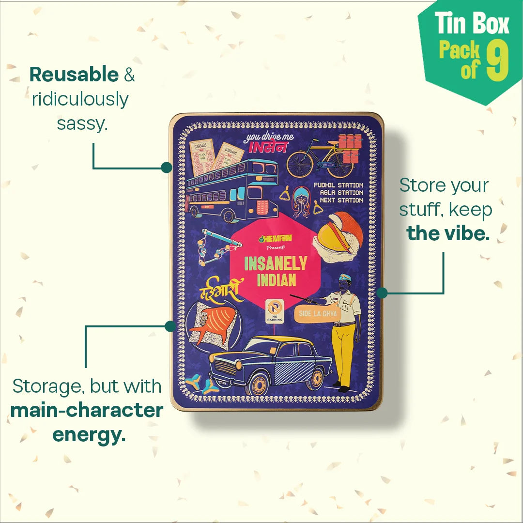 Lai Bhari Drip! Tin Gift Box, 6 Hankies + 3 Socks, 100% Organic Cotton, Box of 9