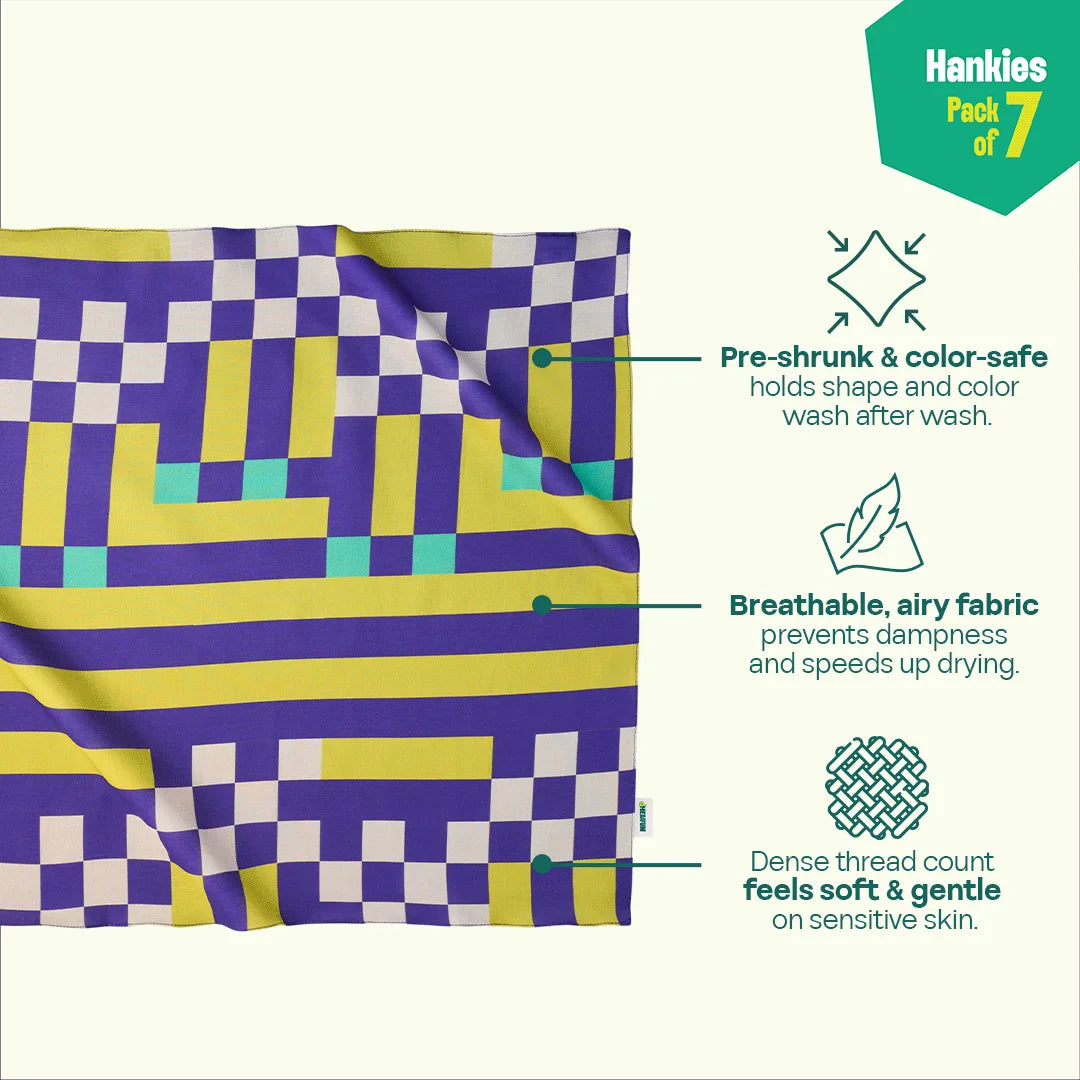 Geometric Invasion! Unisex Hankies, 100% Organic Cotton, Pack of 7