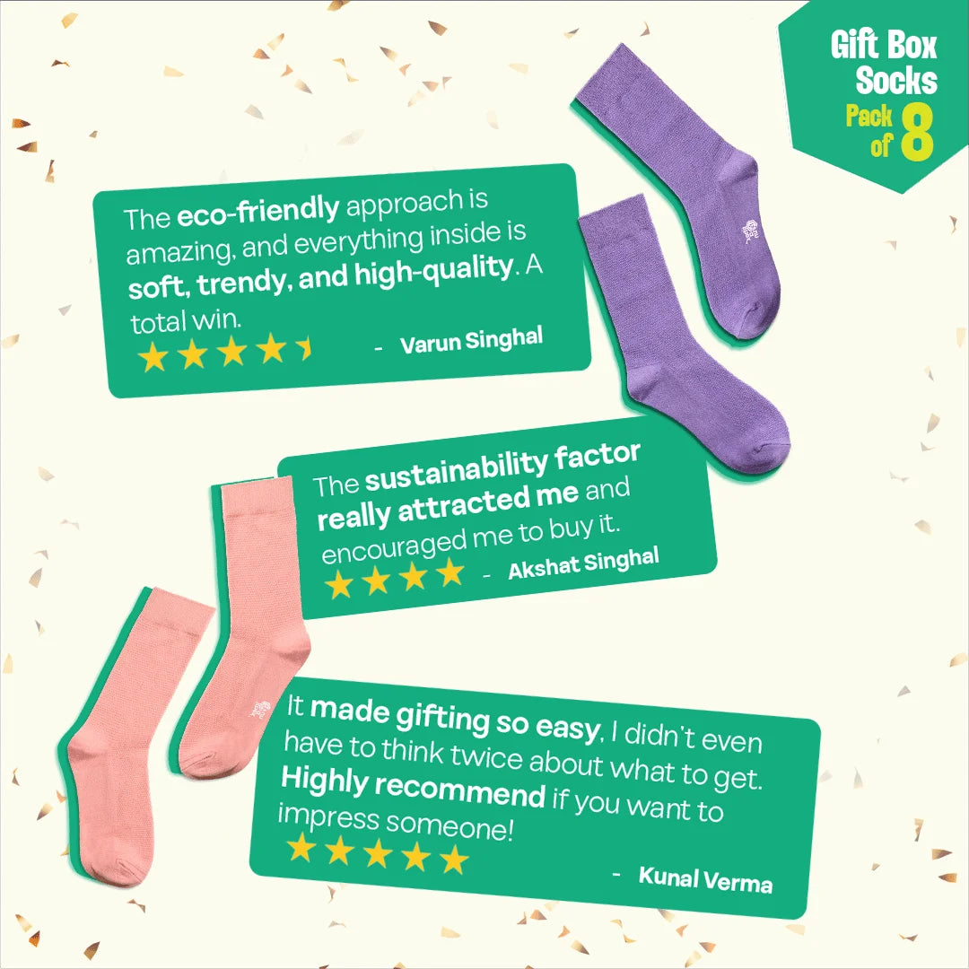 Glam & Glitter! Unisex Crew Length Socks, 100% Organic Cotton, Gift Box of 8