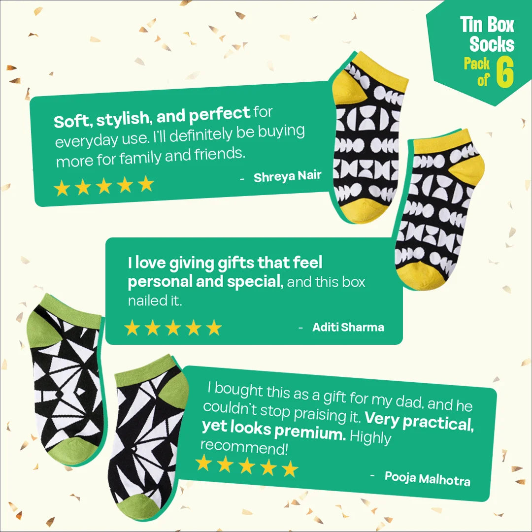Hype Mix! Tin Gift Box, Unisex Ankle Length Socks, 100% Bamboo, Gift Box of 6
