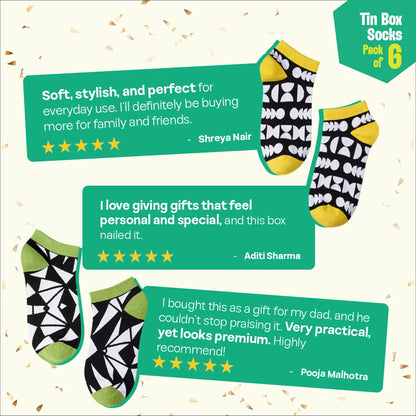 Hype Mix! Tin Gift Box, Unisex Ankle Length Socks, 100% Bamboo, Gift Box of 6