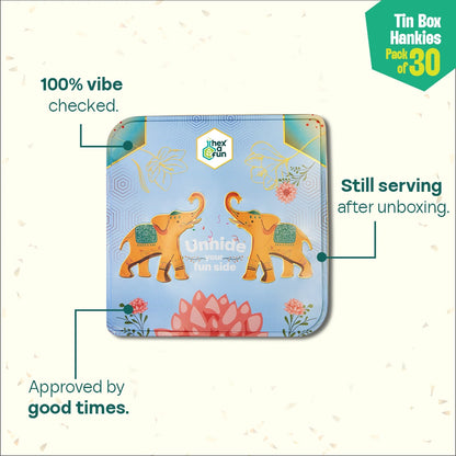 EOD! Elephant Of The Day! Tin Gift Box, Unisex Hankies, 100% Organic Cotton, Box Of 30