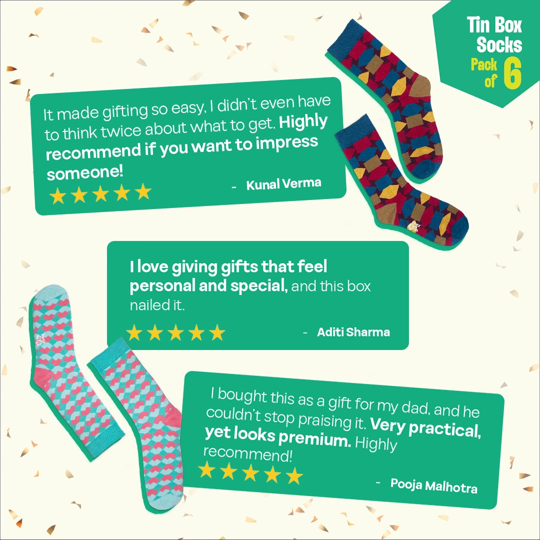 Lookbook! Tin Gift Box, Unisex Crew Length Socks, 100% Organic Cotton, Gift Box of 6