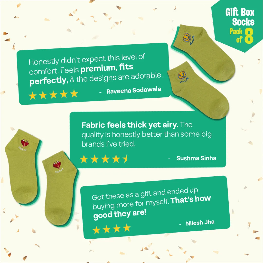 Own The Frame! Unisex High Ankle Length Socks, 100% Organic Cotton, Gift Box of 08