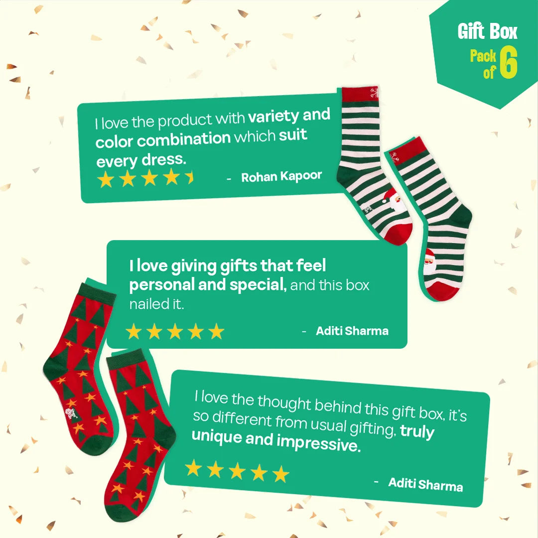 JLT! Jingle Bell Like That! 2 Unisex Crew Length Socks + 4 Unisex Hankies, 100% Organic Cotton, Gift Box of 6