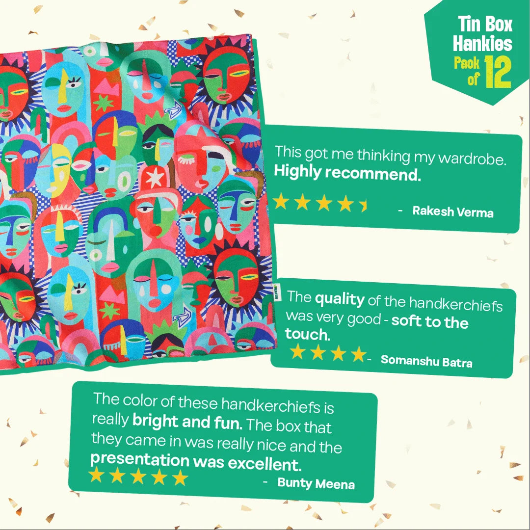 Tune In! Tin Gift Box, Unisex Hankies, 100% Organic Cotton, Gift Box of 15