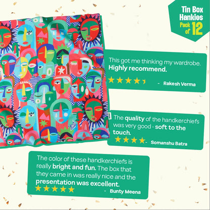 Tune In! Tin Gift Box, Unisex Hankies, 100% Organic Cotton, Gift Box of 15