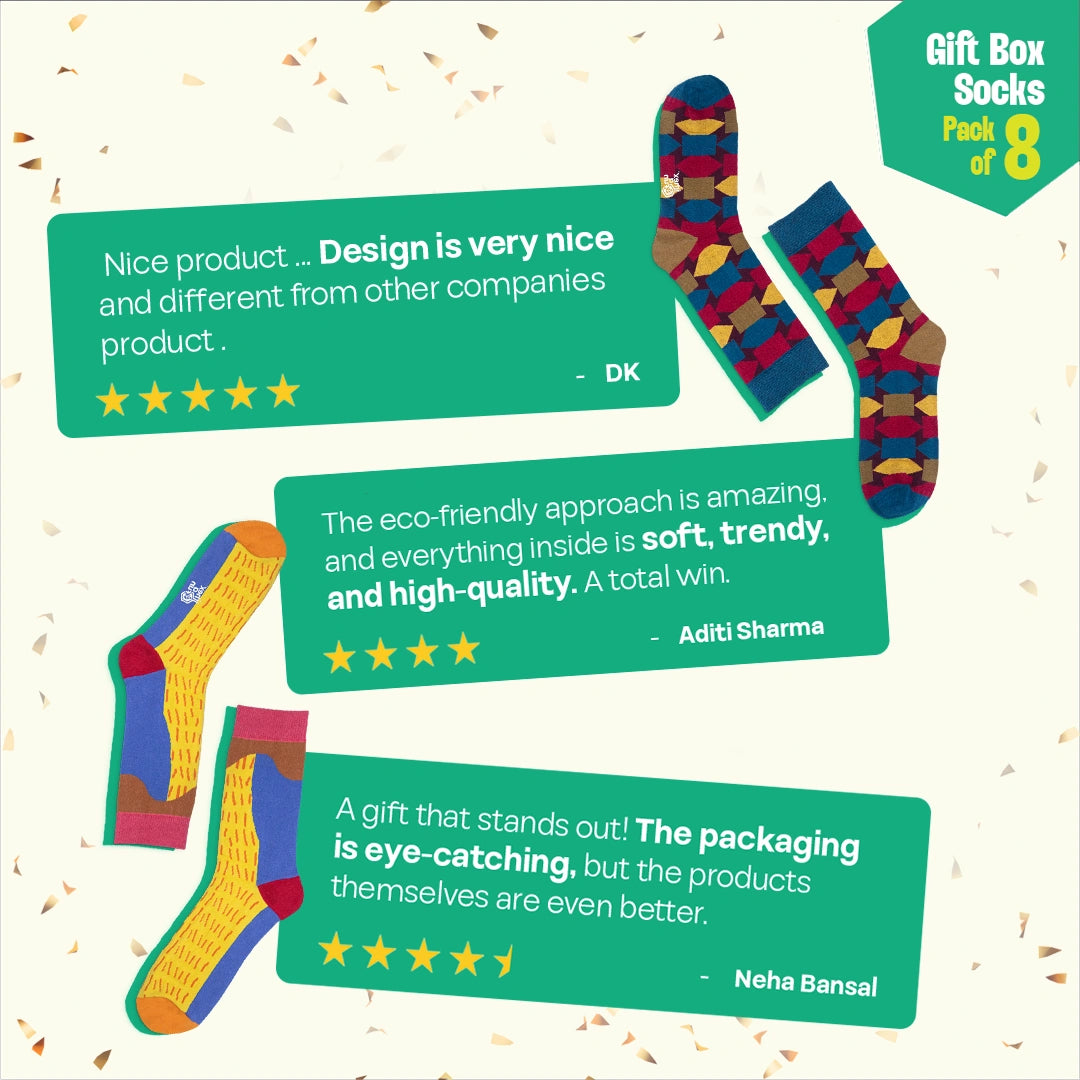 House Party! Unisex Crew Length Socks, 100% Organic Cotton, Gift Box of 8