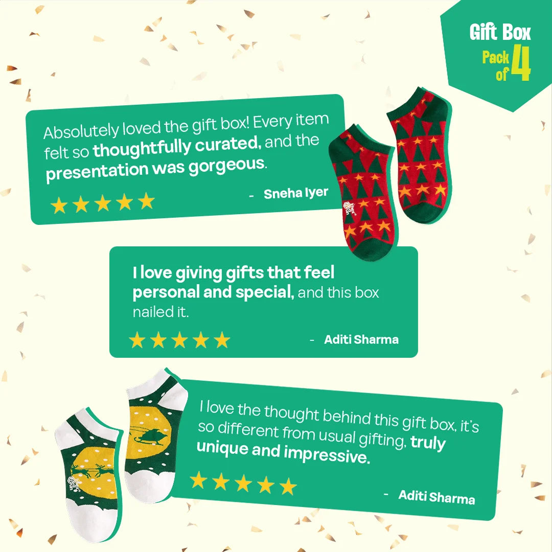 HO! HO! Merry Sox-mas! Unisex Ankle Length Socks, 100% Organic Cotton, Gift Box of 4