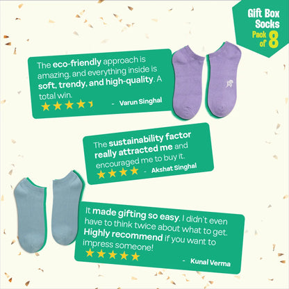 Glam & Glitter! Unisex Ankle Length Socks, 100% Organic Cotton, Gift Box of 8