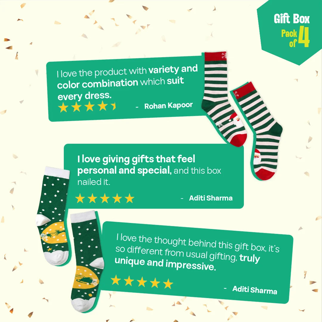 HO! HO! Merry Sox-mas! Unisex Crew Length Socks, 100% Organic Cotton, Gift Box of 4