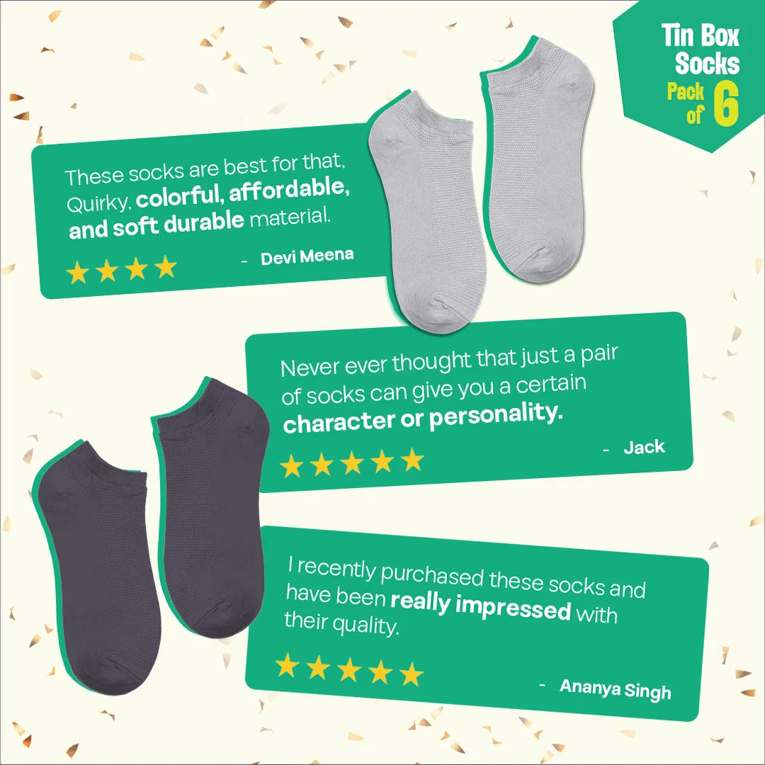 Office Flex! Tin Gift Box, Unisex Ankle Length Socks, 100% Organic Cotton, Gift Box of 06