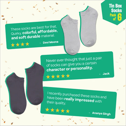Office Flex! Tin Gift Box, Unisex Ankle Length Socks, 100% Organic Cotton, Gift Box of 06