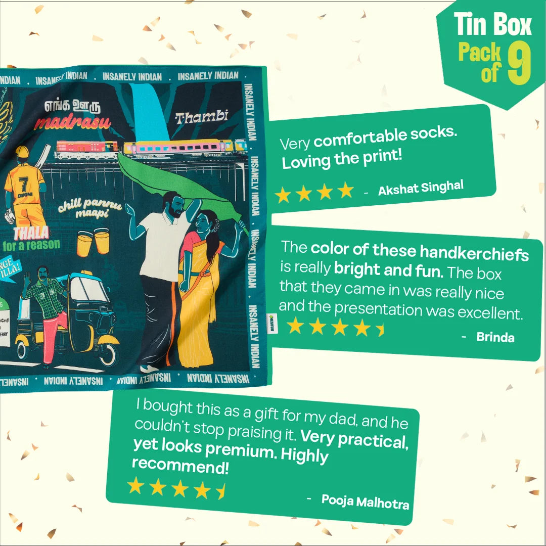 Vanakkam Vibes! Tin Gift Box, 6 Hankies + 3 Socks, 100% Organic Cotton, Box of 9