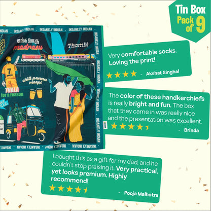 Vanakkam Vibes! Tin Gift Box, 6 Hankies + 3 Socks, 100% Organic Cotton, Box of 9