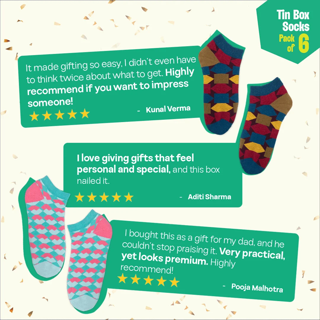 Lookbook! Tin Gift Box, Unisex Ankle Length Socks, 100% Organic Cotton, Gift Box of 6