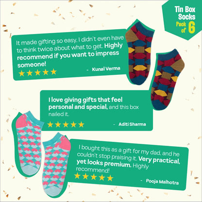 Lookbook! Tin Gift Box, Unisex Ankle Length Socks, 100% Organic Cotton, Gift Box of 6
