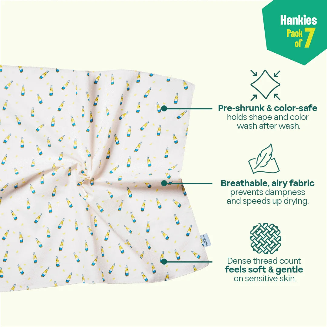 Travel Bug! Large Unisex Hankies, 100% Organic Cotton, Pack of 7