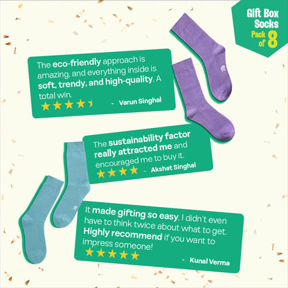 Glam & Glitter! Unisex Crew Length Socks, 100% Organic Cotton, Gift Box of 8