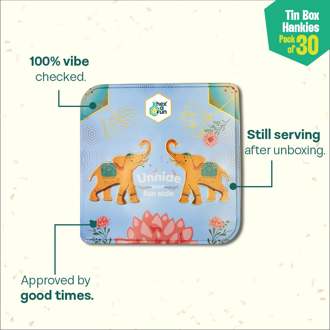 EOD! Elephant Of The Day! Tin Gift Box, Unisex Hankies, 100% Organic Cotton, Box Of 30