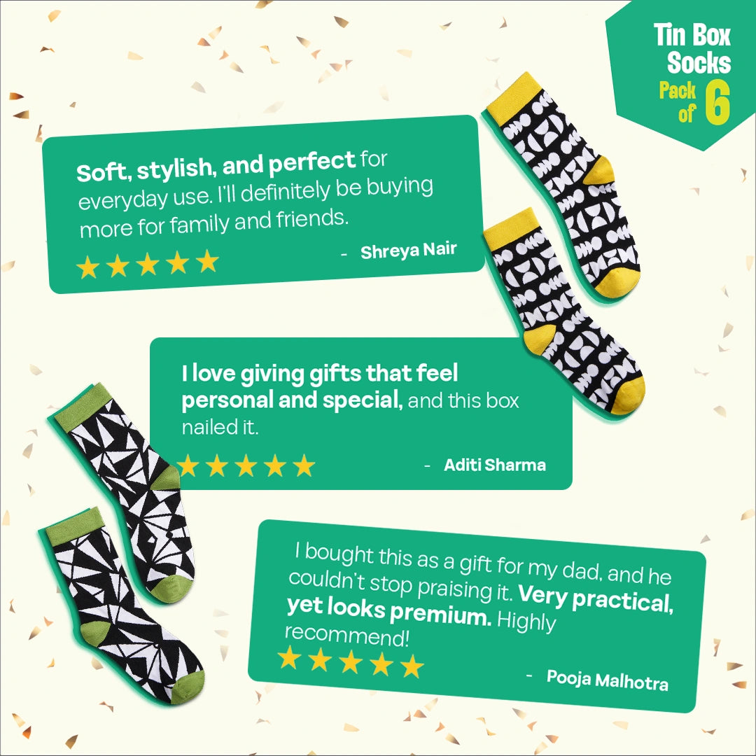 Hype Mix! Tin Gift Box, Unisex Crew Length Socks, 100% Bamboo, Gift Box of 6