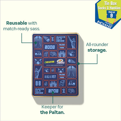 Duniya Hila Denge! Tin Gift Box, 6 Unisex Hankies + 3 Unisex Crew Length Socks, 100% Sustainable, Box of 9