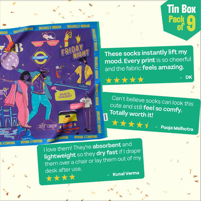 Lai Bhari Drip! Tin Gift Box, 6 Hankies + 3 Socks, 100% Organic Cotton, Box of 9
