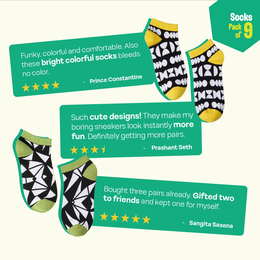 Flex Mode! Unisex Socks, 100% Bamboo, Ankle Length, Pack of 9