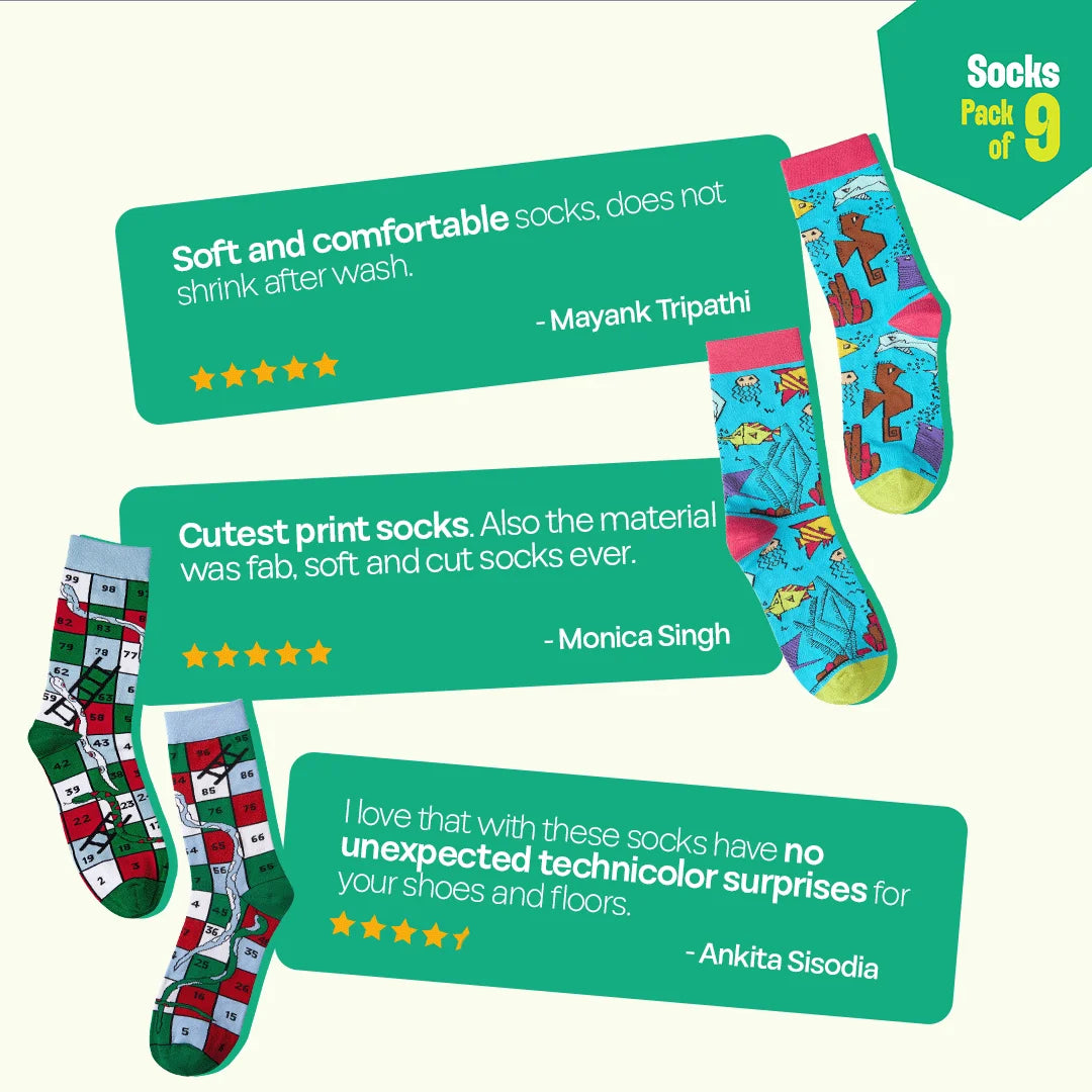Strike A Pose! Unisex Socks, 100% Bamboo, Crew Length, Pack of 9
