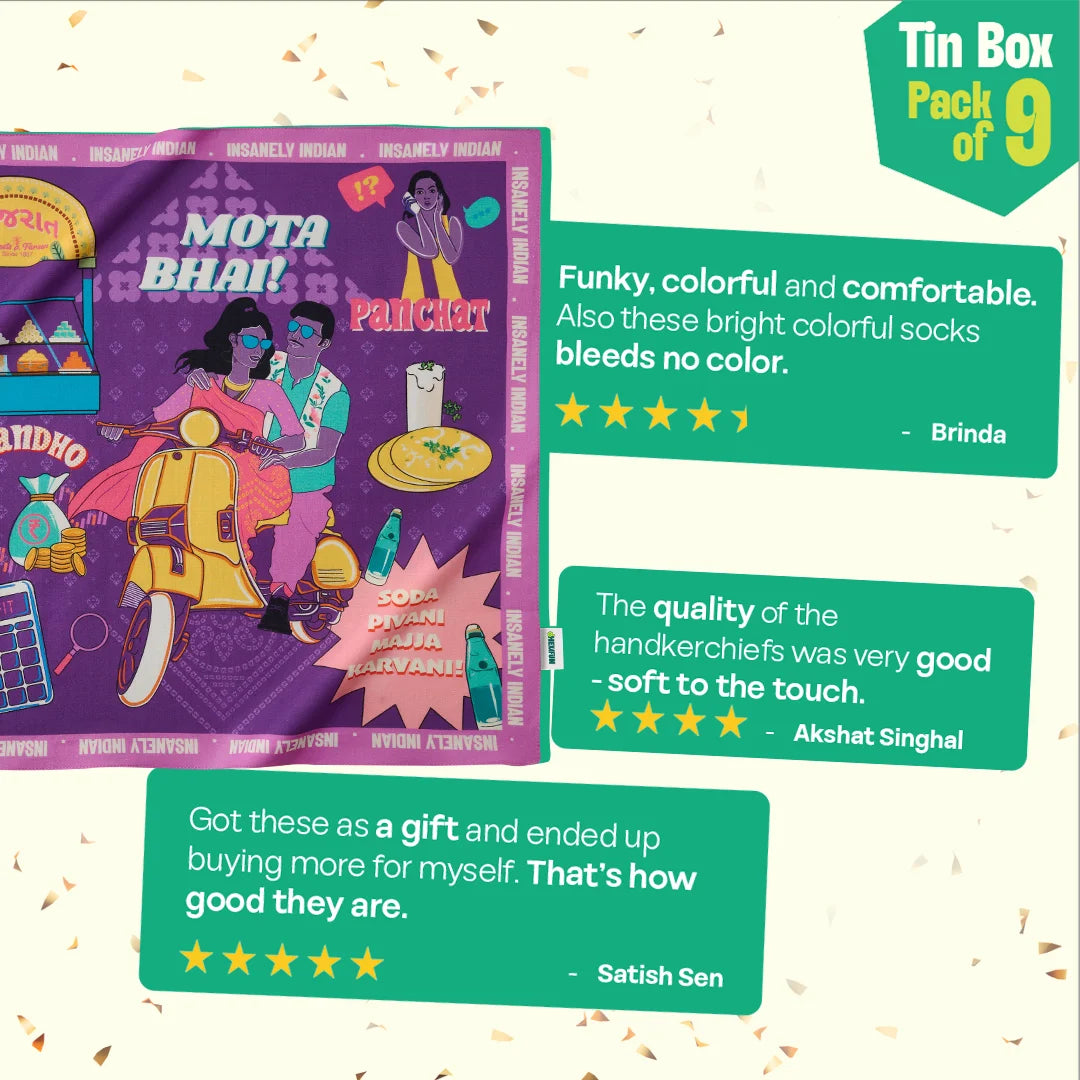 Majjama Mood Box! Tin Gift Box, 6 Hankies + 3 Socks, 100% Organic Cotton, Box of 9