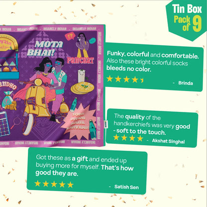 Majjama Mood Box! Tin Gift Box, 6 Hankies + 3 Socks, 100% Organic Cotton, Box of 9