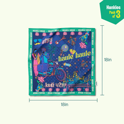 Patiala Peg! Unisex Hankies, 100% Organic Cotton, Pack of 3