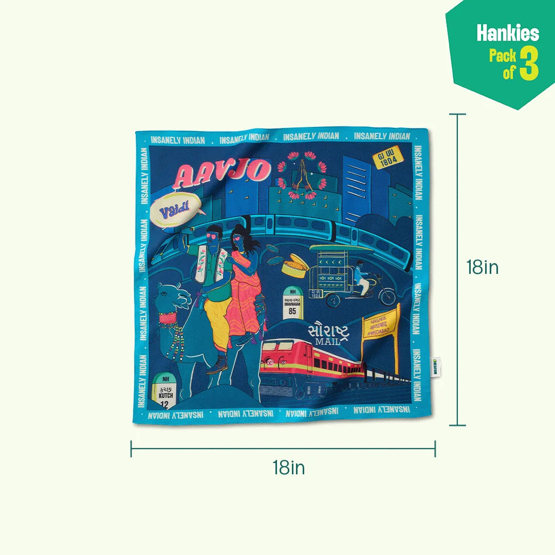 Gujju Paglu! Unisex Hankies, 100% Organic Cotton, Pack of 3