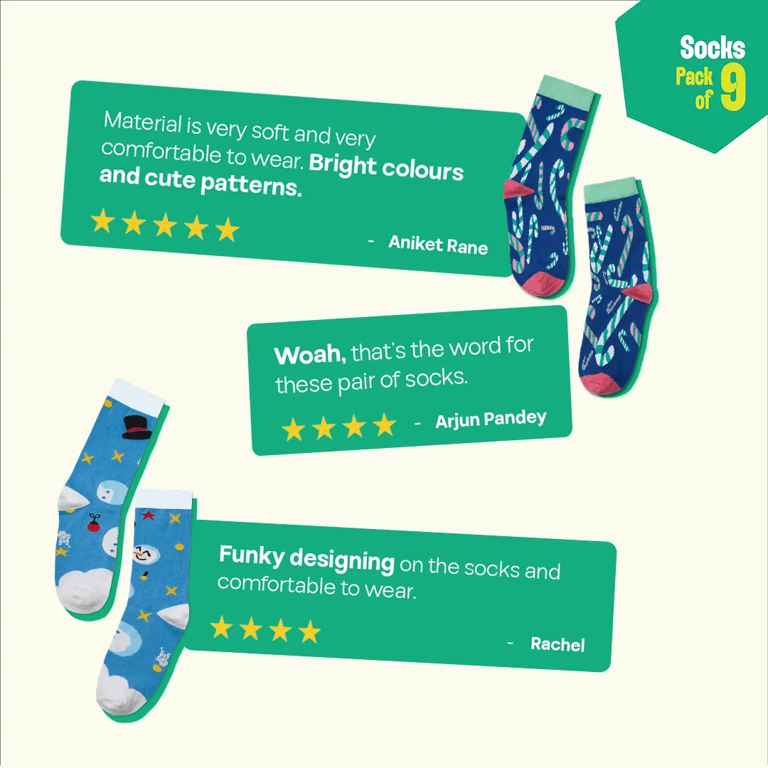 Christmas Music! Unisex Socks, 100% Organic Cotton, Crew Length, Pack of 9