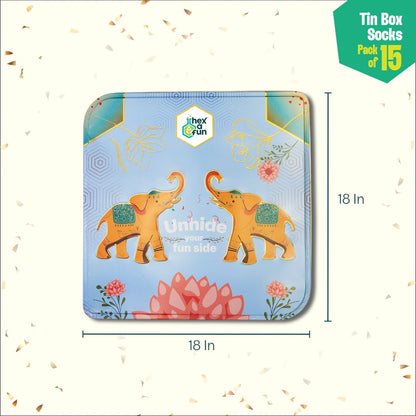 EOD! Elephant Of The Day! Tin Gift Box, Unisex Ankle Length Socks, 100% Organic Cotton, Box Of 15
