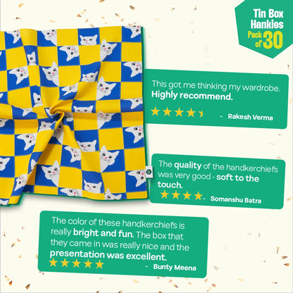 GMT! Giraffe Mood Time! Tin Gift Box, Unisex Hankies, 100% Organic Cotton, Box Of 30