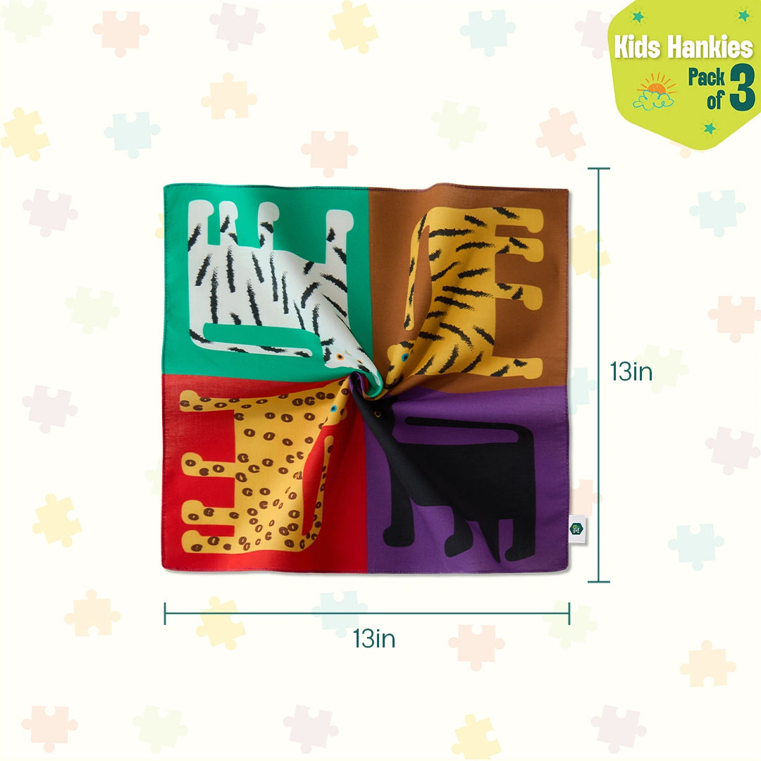 Jungle Safari! Unisex Kid's Hankies, 100% Organic Cotton, Pack of 3