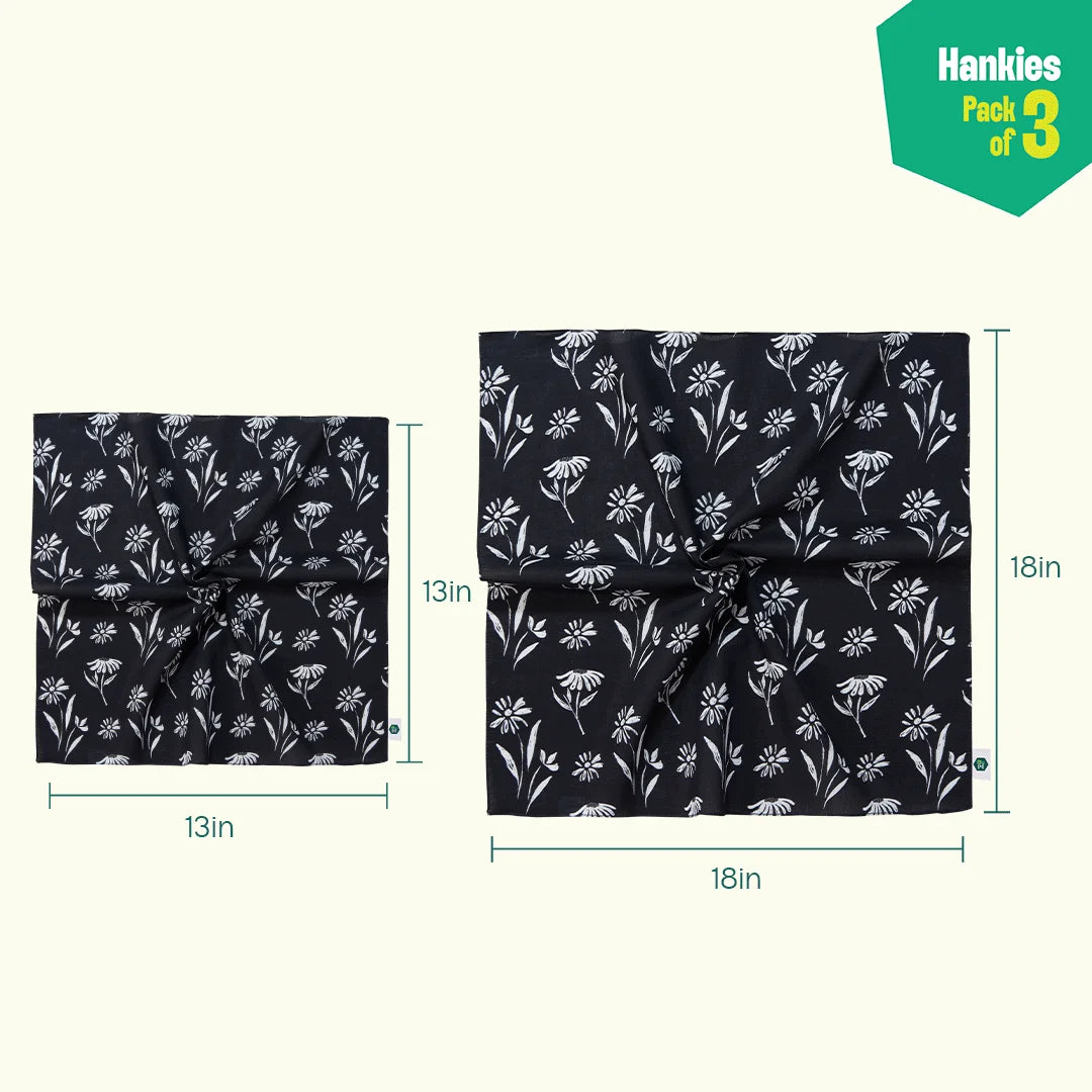 Blooming Tales! Unisex Hankies, 100% Organic Cotton, Pack of 3